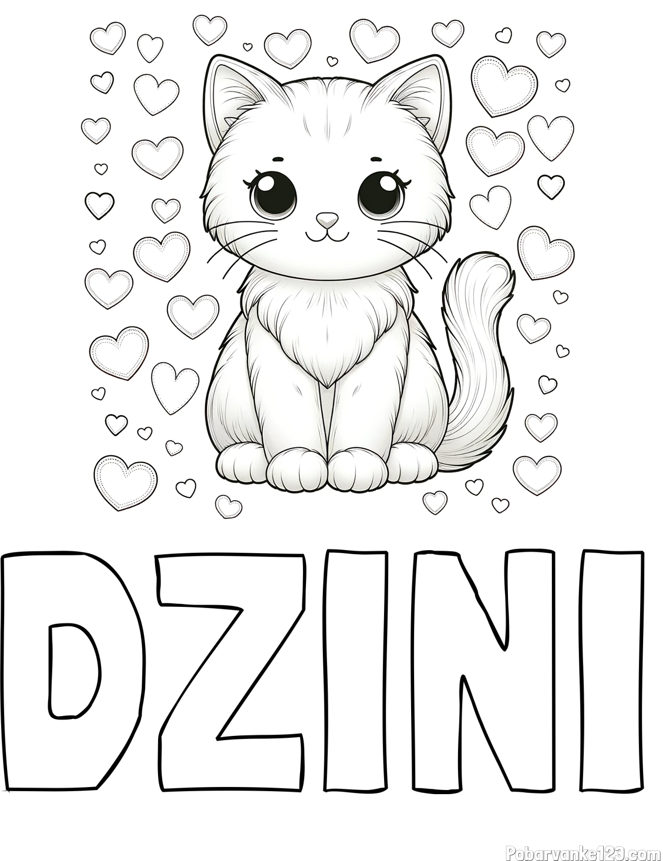 Pobarvanka imena DŽINI in pobarvanka ljubke mucke obdane s srčki