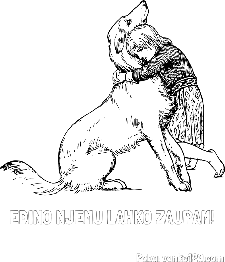 Pobarvanka imena EDINO NJEMU LAHKO ZAUPAM! in pobarvanka prikupnega kužka, ki ga objema mala deklica