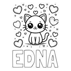 Online izdelana pobarvanka - Pobarvanka imena EDNA in pobarvanka ljubke mucke obdane z veliko srčki