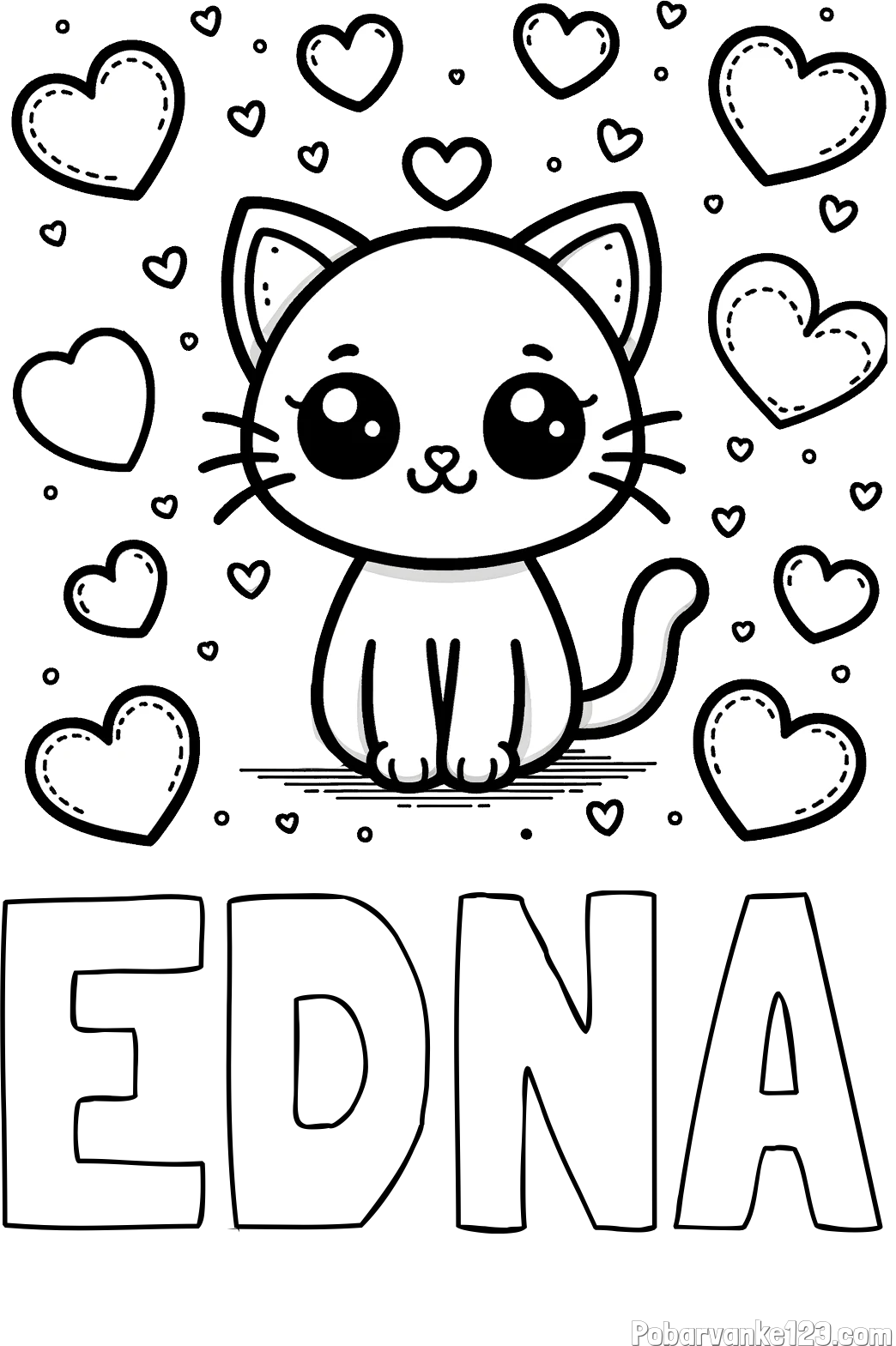 Pobarvanka imena EDNA in pobarvanka ljubke mucke obdane z veliko srčki