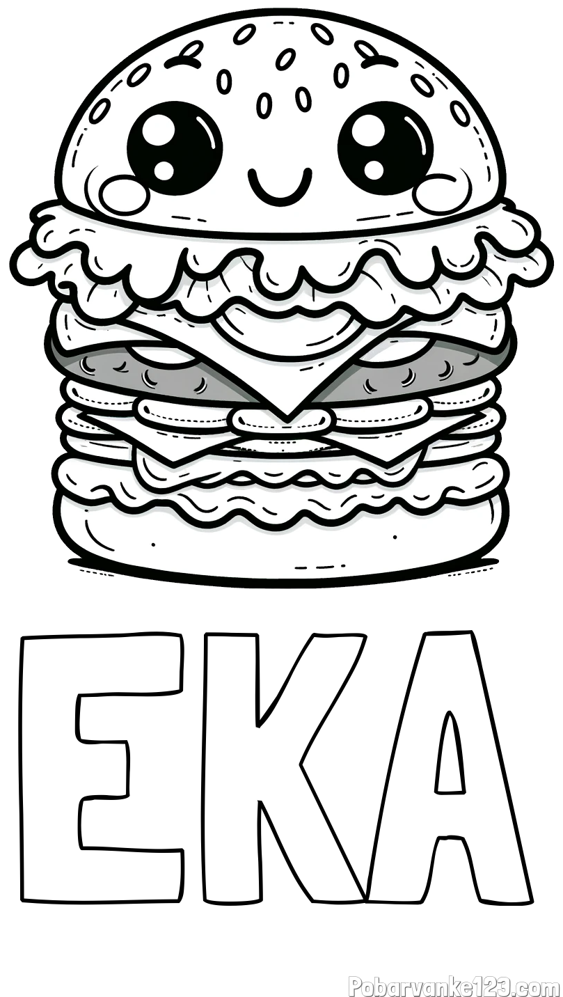 Pobarvanka imena EKA in otroška pobarvanka nasmejanega hamburgerja