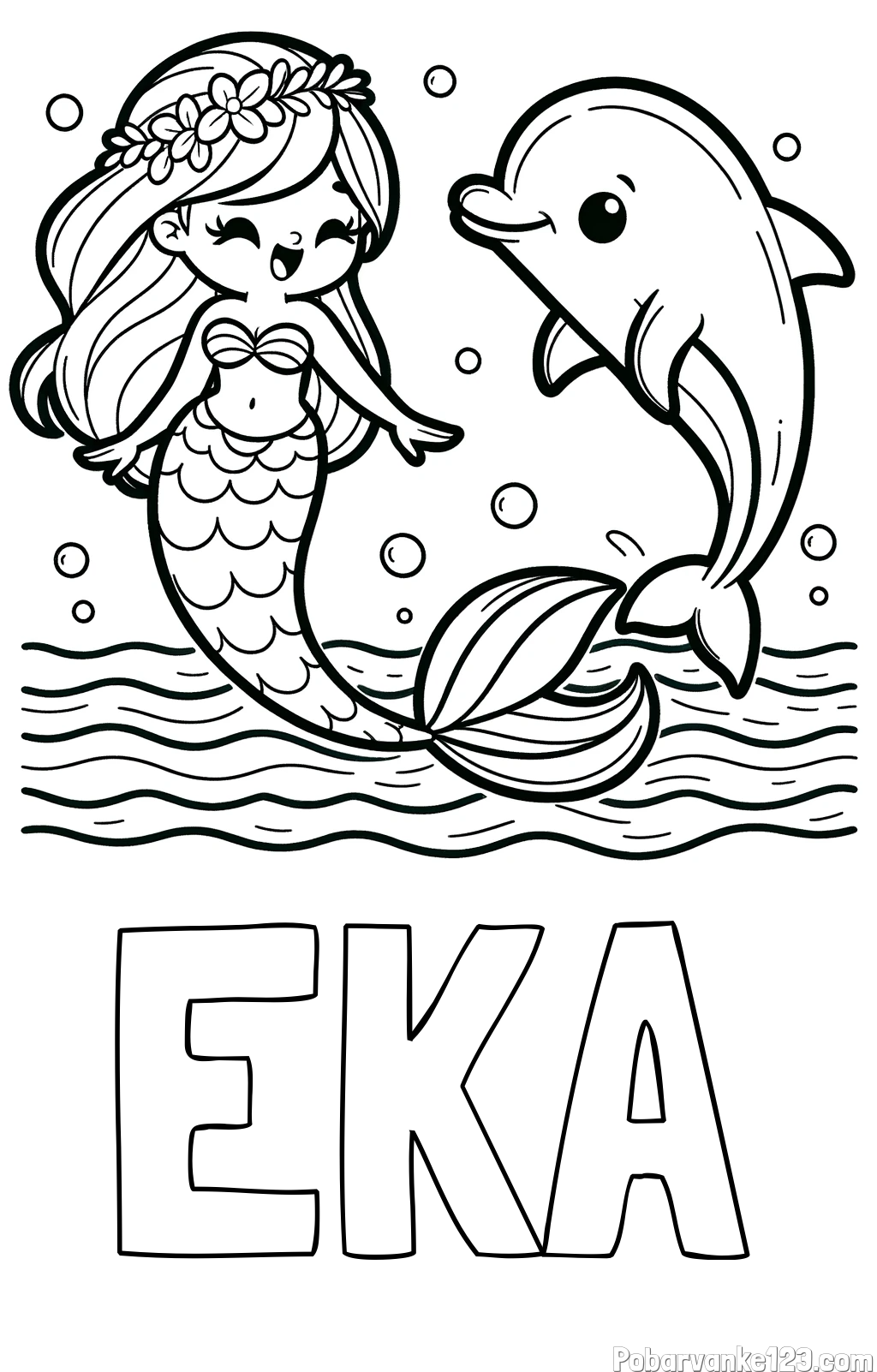 Pobarvanka imena EKA in pobarvanka ljubke morske deklice, ki pleše z delfinom