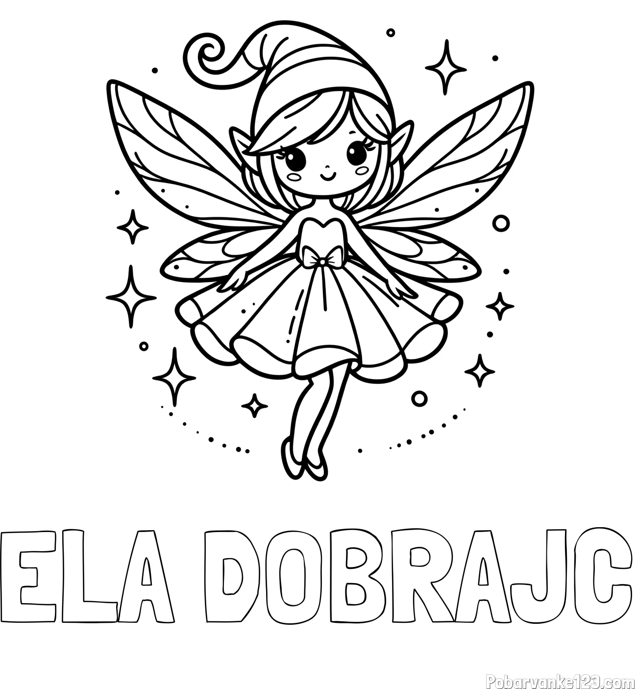 Pobarvanka imena ELA DOBRAJC in otroška pobarvanka čudovite vile