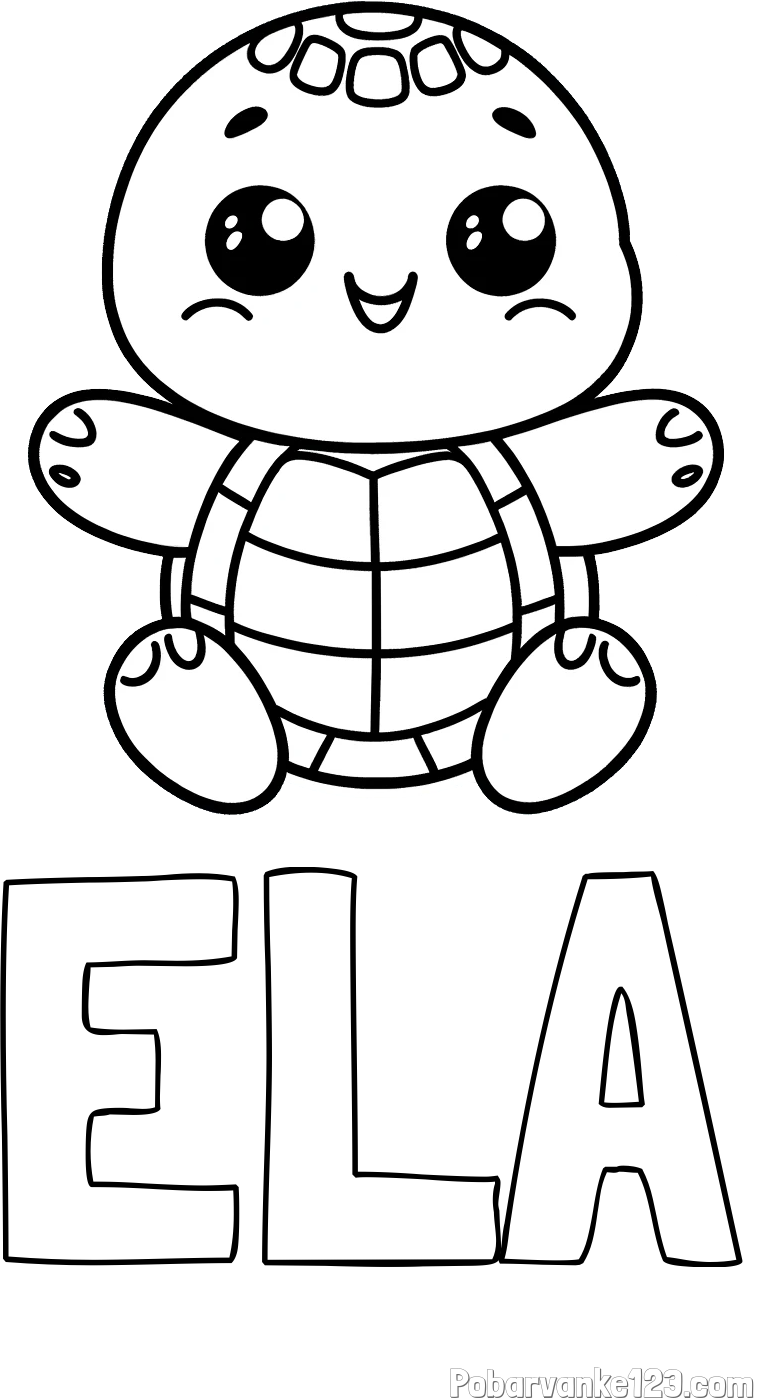 Pobarvanka imena ELA in otroška pobarvanka ljubke in nasmejane želvice