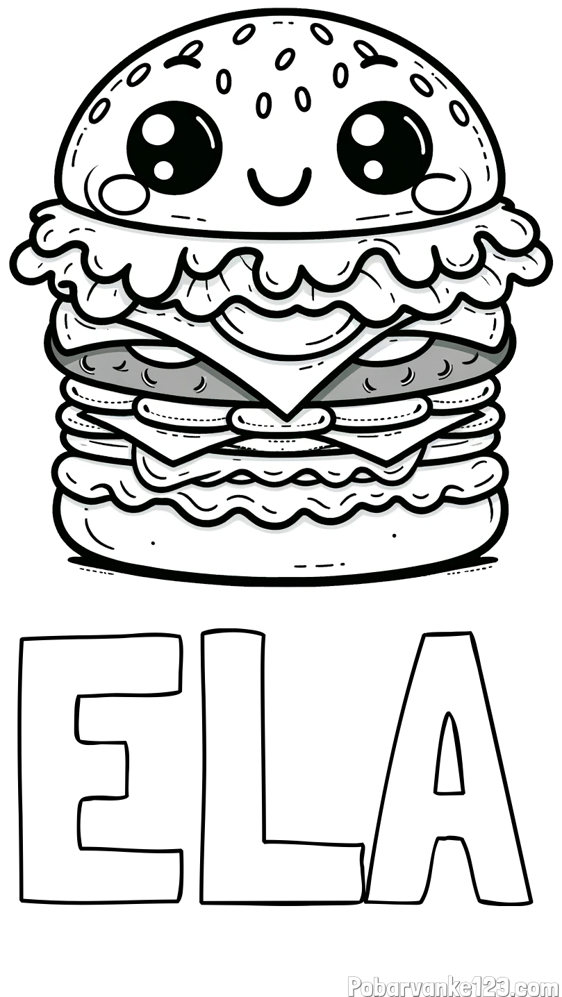Pobarvanka imena ELA in otroška pobarvanka nasmejanega hamburgerja