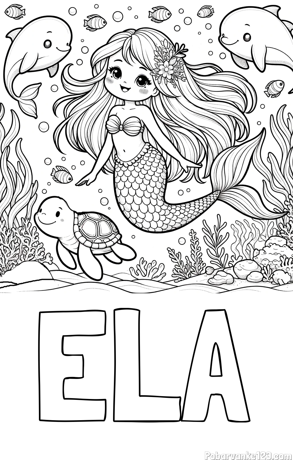 Pobarvanka imena ELA in pobarvana ljubke morske deklice s prijatelji