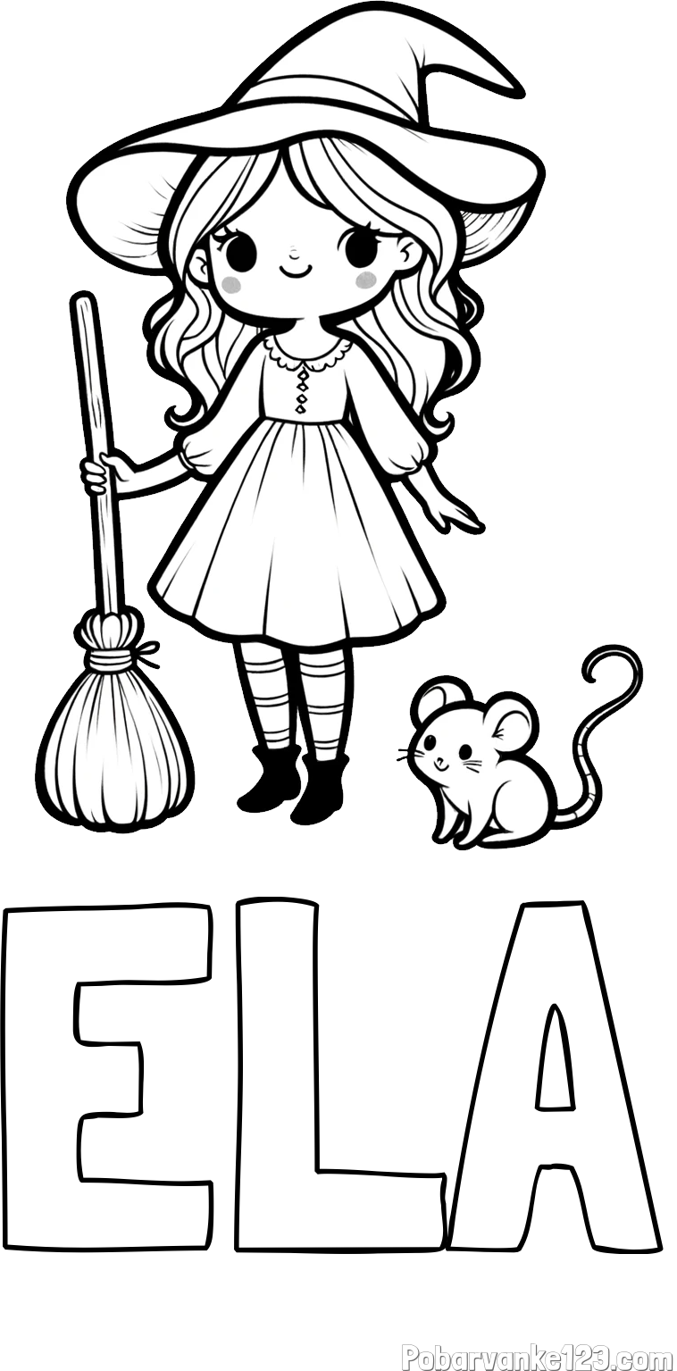 Pobarvanka imena ELA in pobarvanka čarovnice z metlo in miško