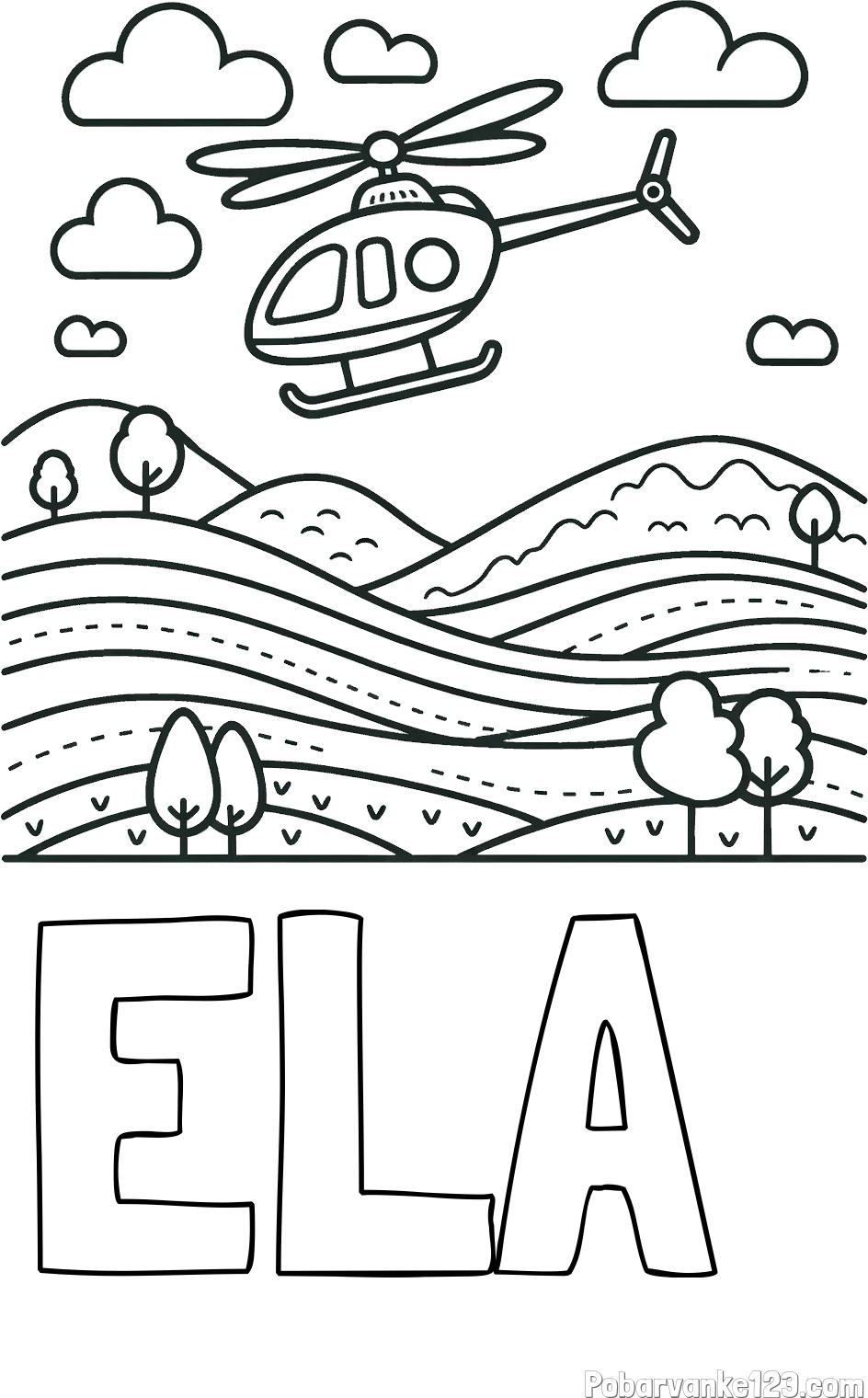 Pobarvanka imena ELA  in pobarvanka helikopterja, ki leti nad pokrajino
