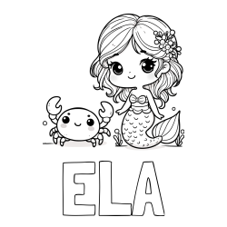 Pobarvanka imena ELA in pobarvanka ljubke morske deklice in veselega raka