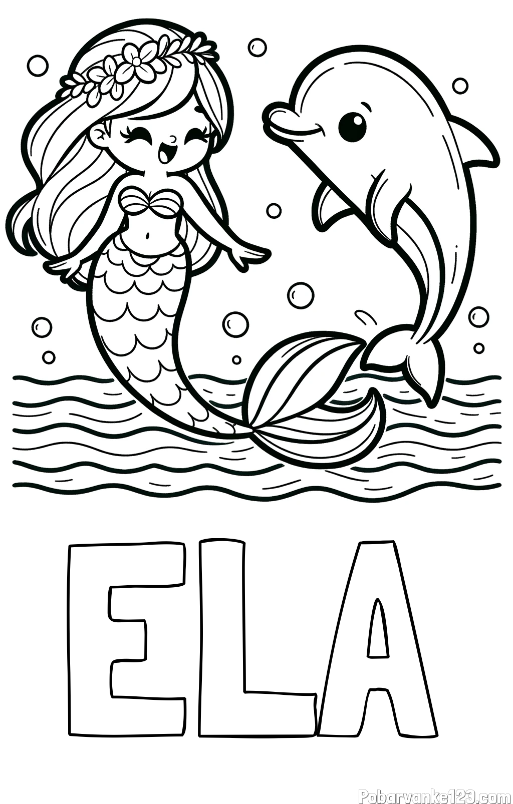 Pobarvanka imena ELA in pobarvanka ljubke morske deklice, ki pleše z delfinom