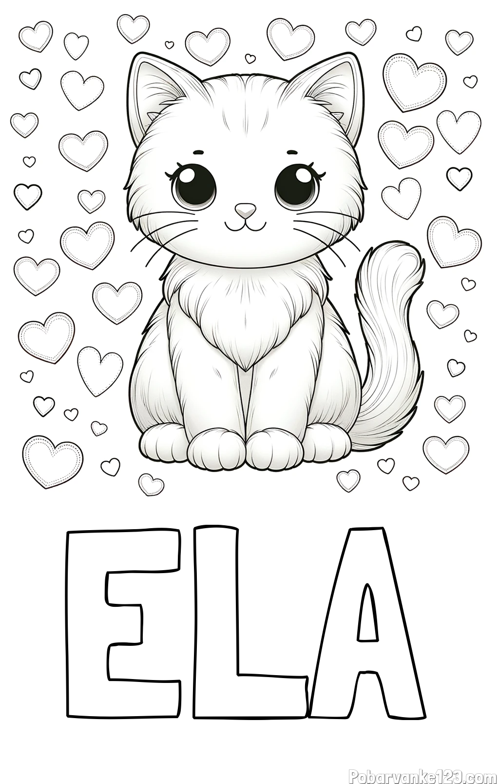 Pobarvanka imena ELA in pobarvanka ljubke mucke obdane s srčki