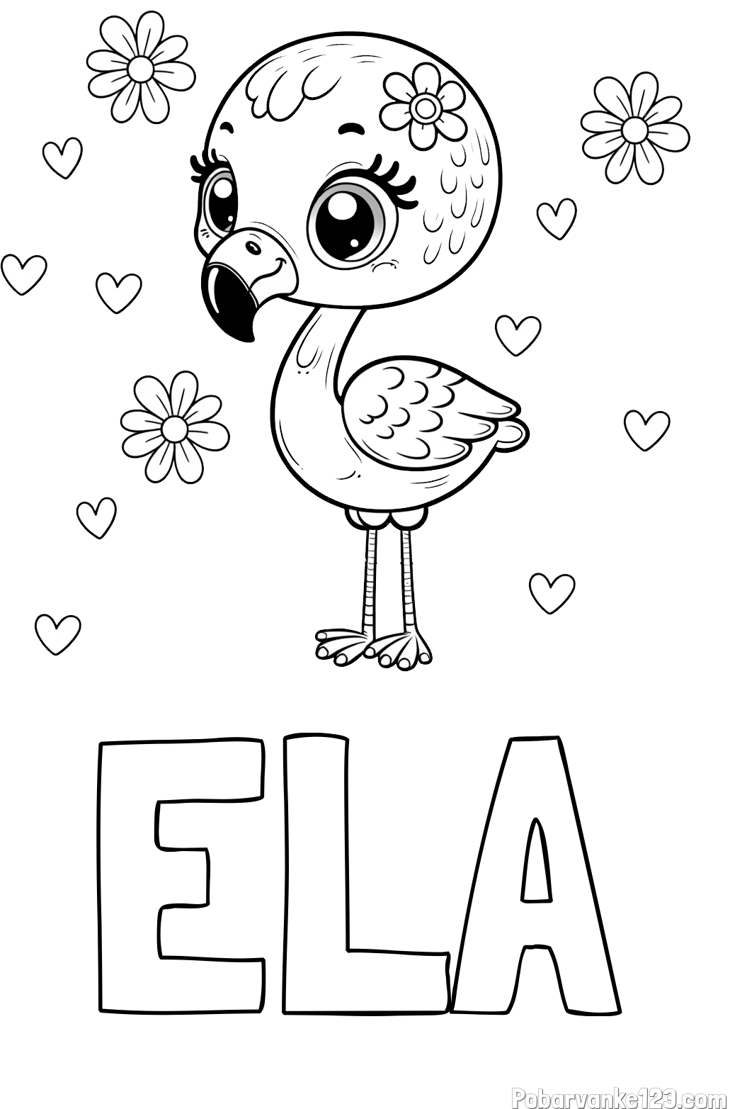 Pobarvanka imena ELA in pobarvanka mladička flaminga z rožicami in srčki