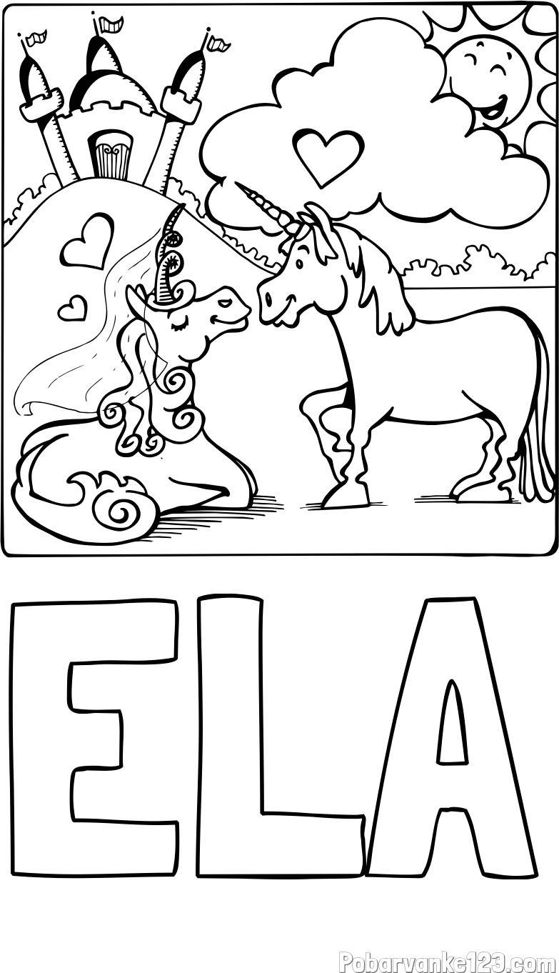 Pobarvanka imena ELA in pobarvanka zaljubljenih samorogov