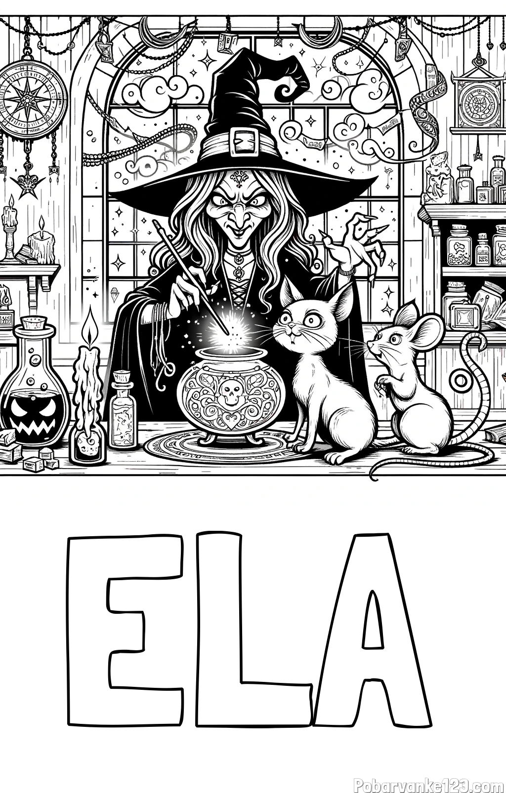 Pobarvanka imena ELA in pobarvanka zlobne čarovnice, muce in miške