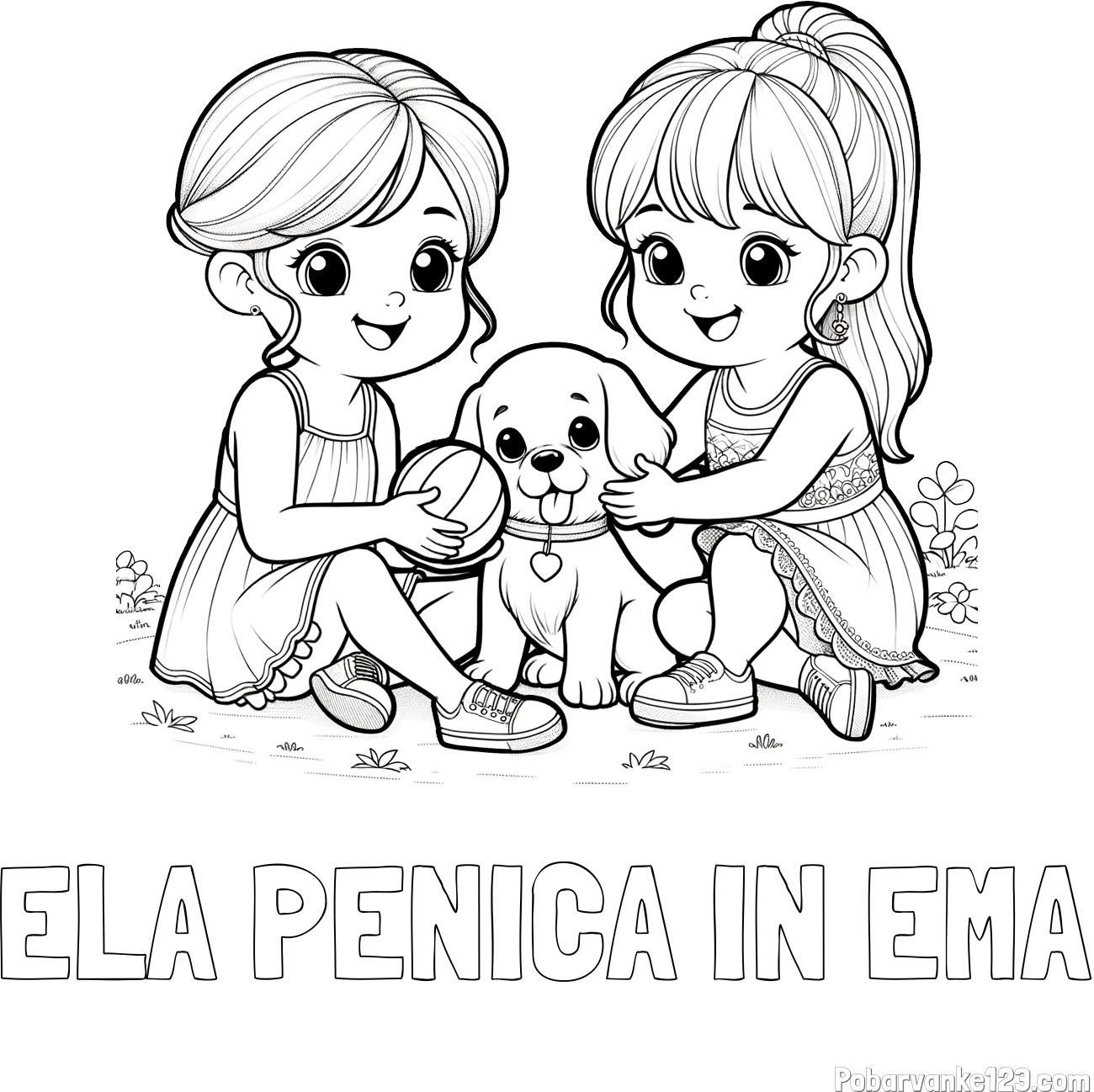 Pobarvanka imena ELA PENICA IN EMA in pobarvanka prijateljic s kužkom