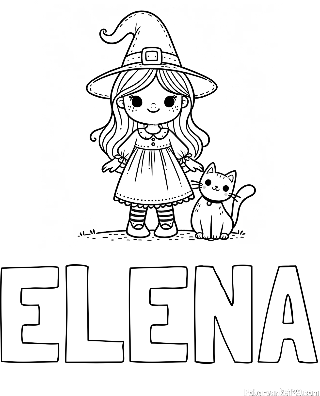 Pobarvanka imena ELENA in Čudovita pobarvanka ljubke čarovnice in nasmejane mačke