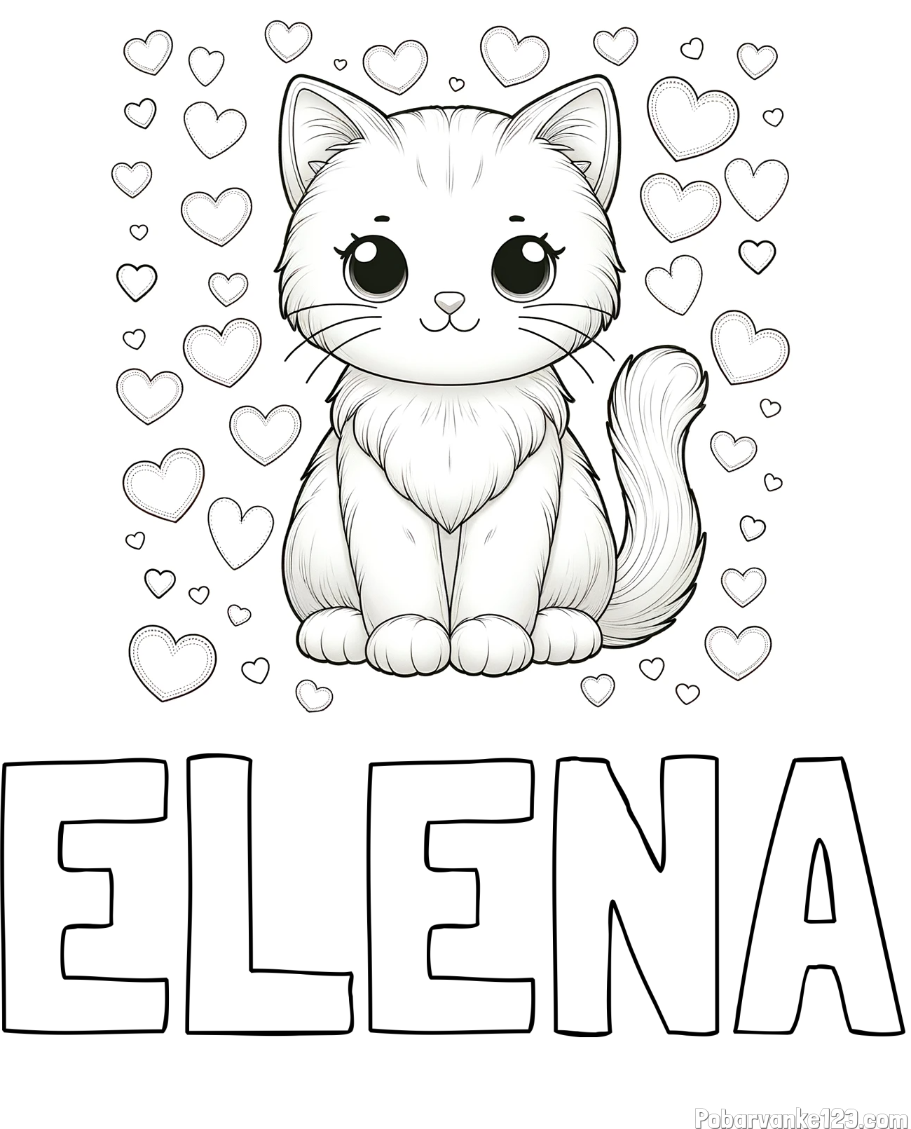 Pobarvanka imena ELENA in pobarvanka ljubke mucke obdane s srčki