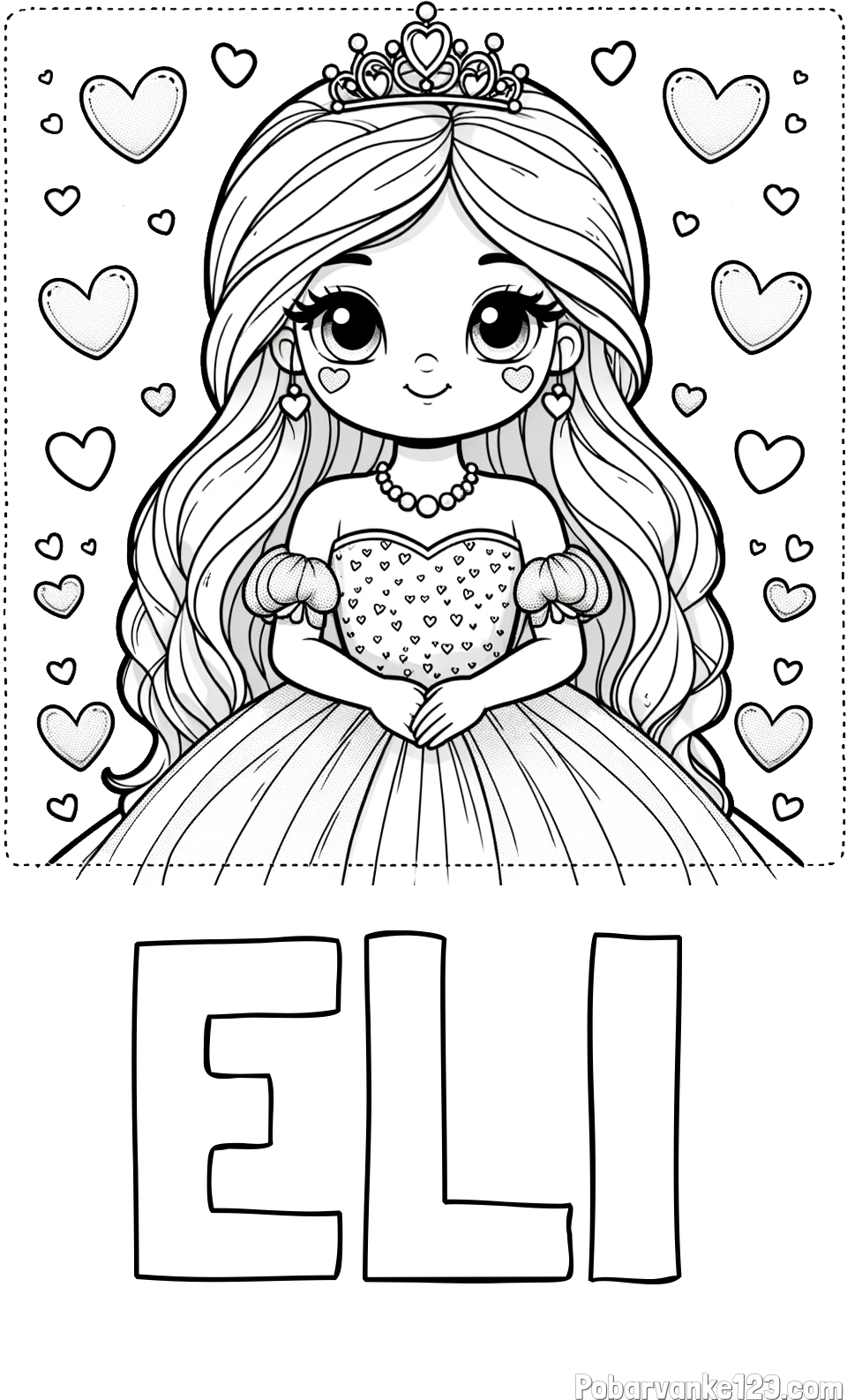 Pobarvanka imena ELI in pobarvanka ljubke princese obdane s srčki