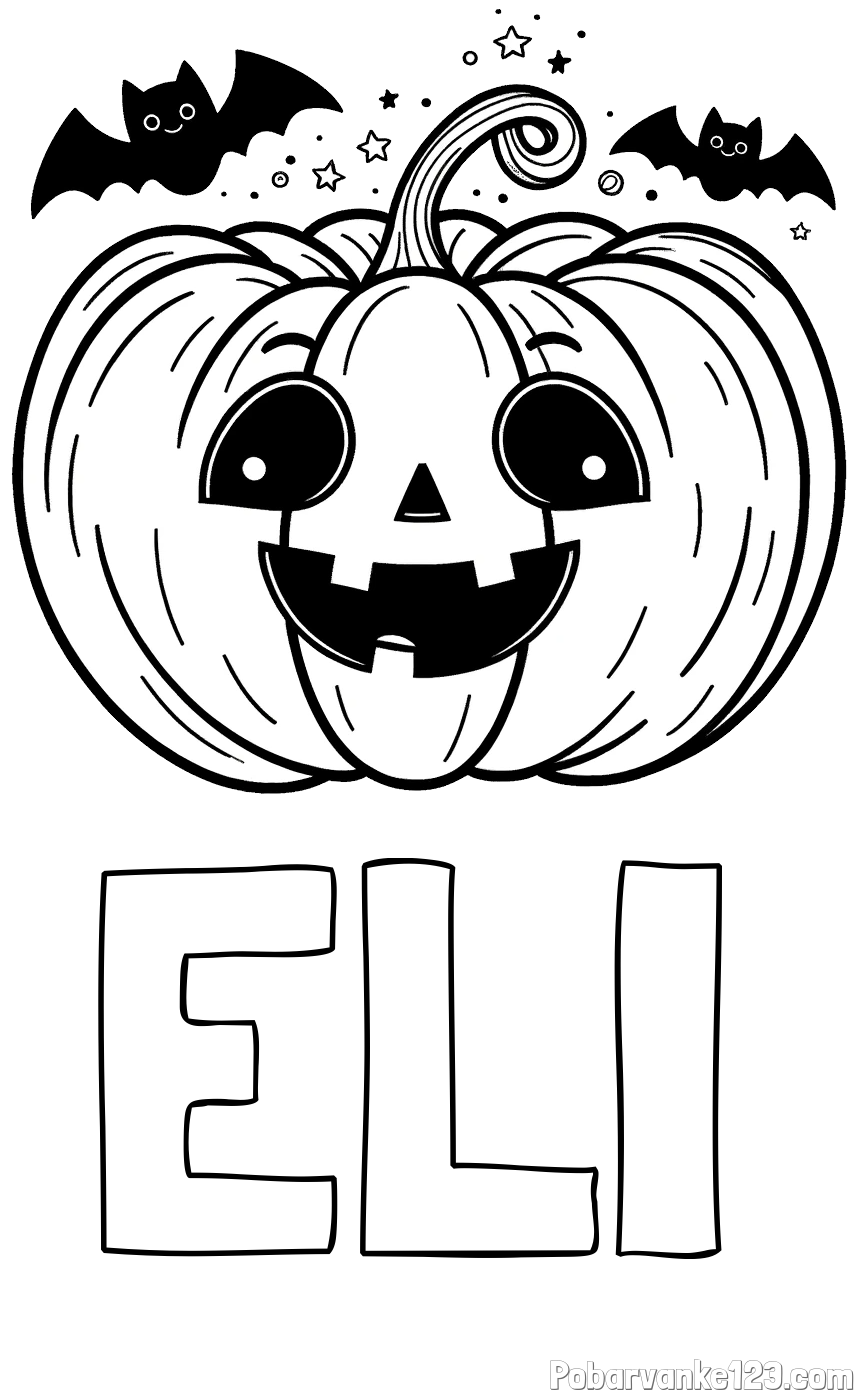 Pobarvanka imena ELI in pobarvanka nasmejane buče ter dveh netopirjev za noč čarovnic