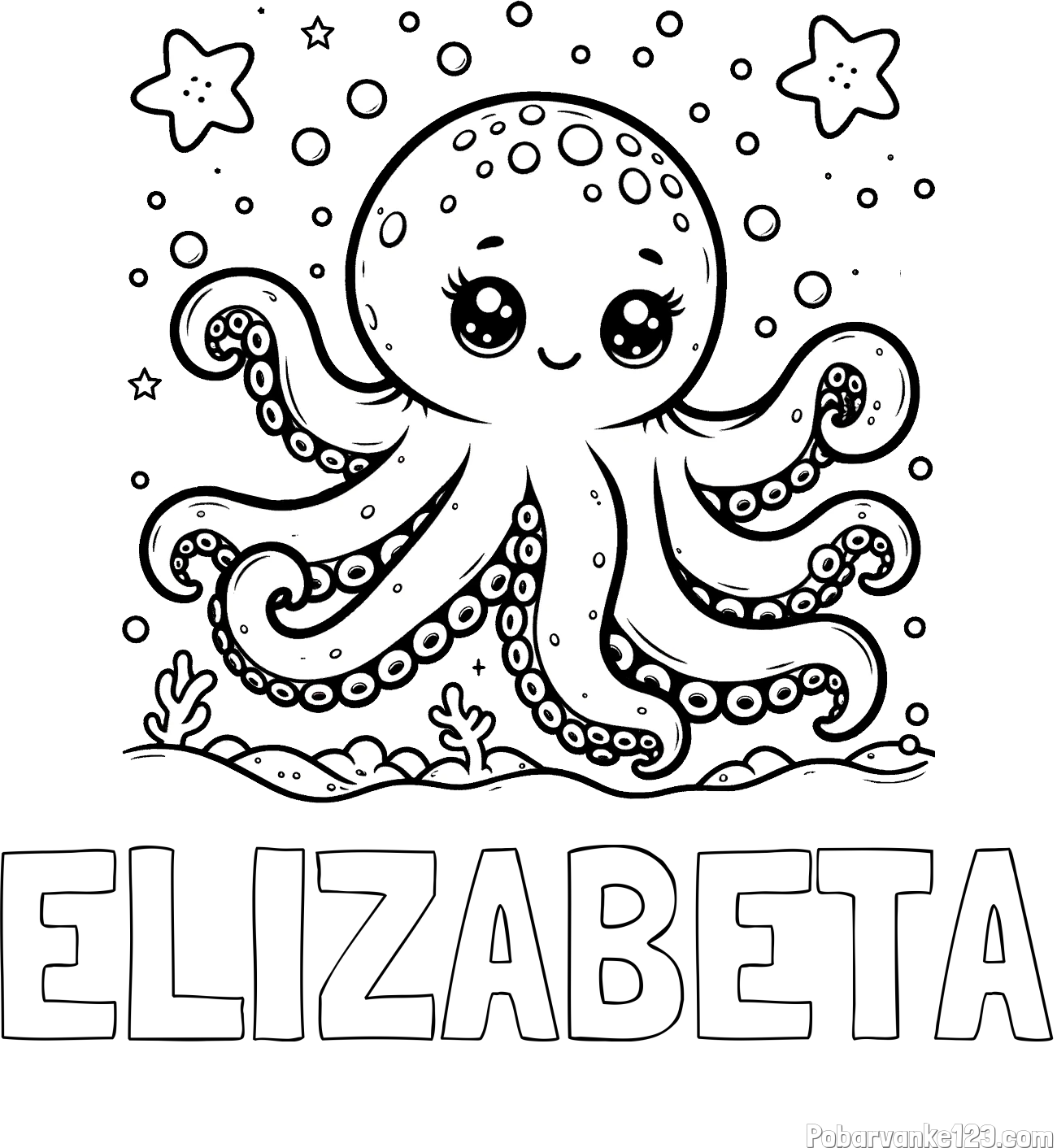 Pobarvanka imena ELIZABETA in pobarvanka hobotnice v morju obdane z morskimi zvezdami