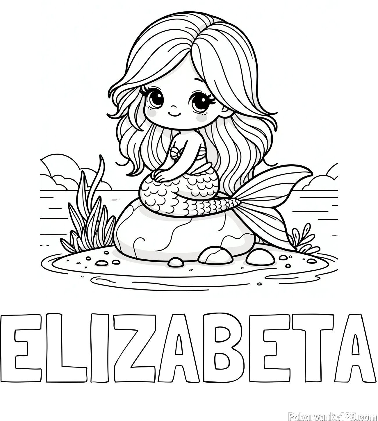 Pobarvanka imena ELIZABETA in pobarvanka prikupne morske deklice, ki sedi na kamnu ob obali