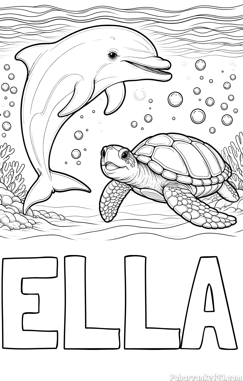 Pobarvanka imena ELLA in pobarvanka ljubkega delfina in njegove prijateljice želve