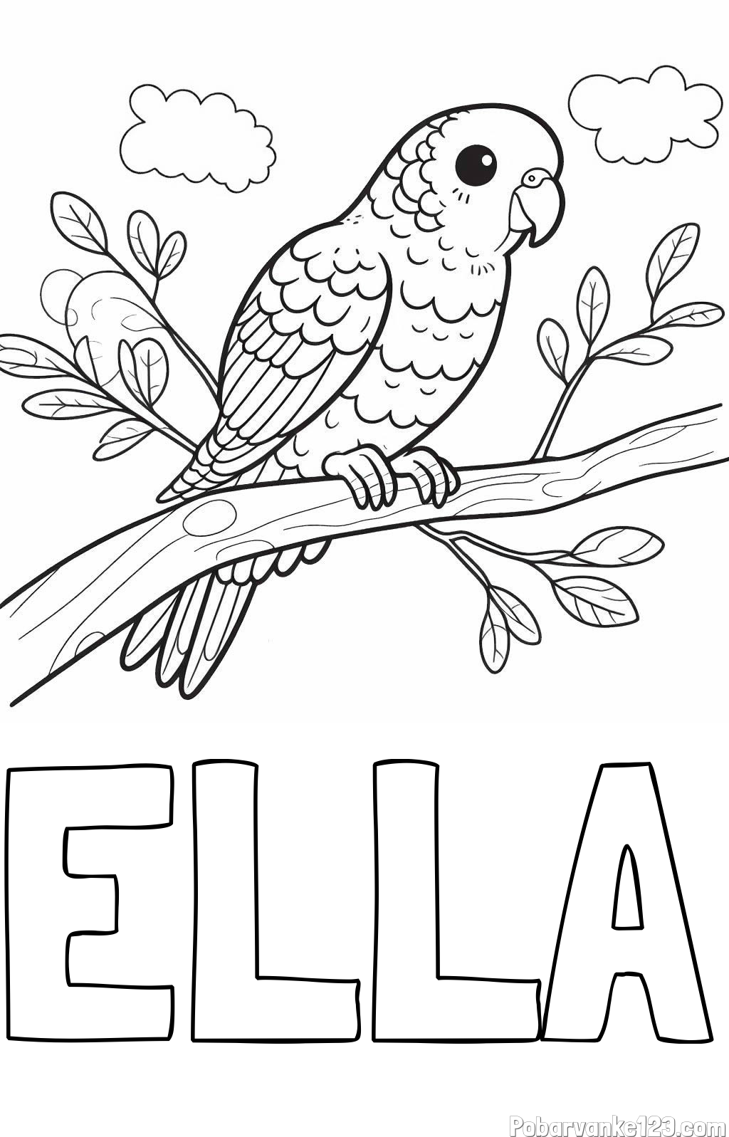 Pobarvanka imena ELLA in pobarvanka ljubkega kanarčka na veji