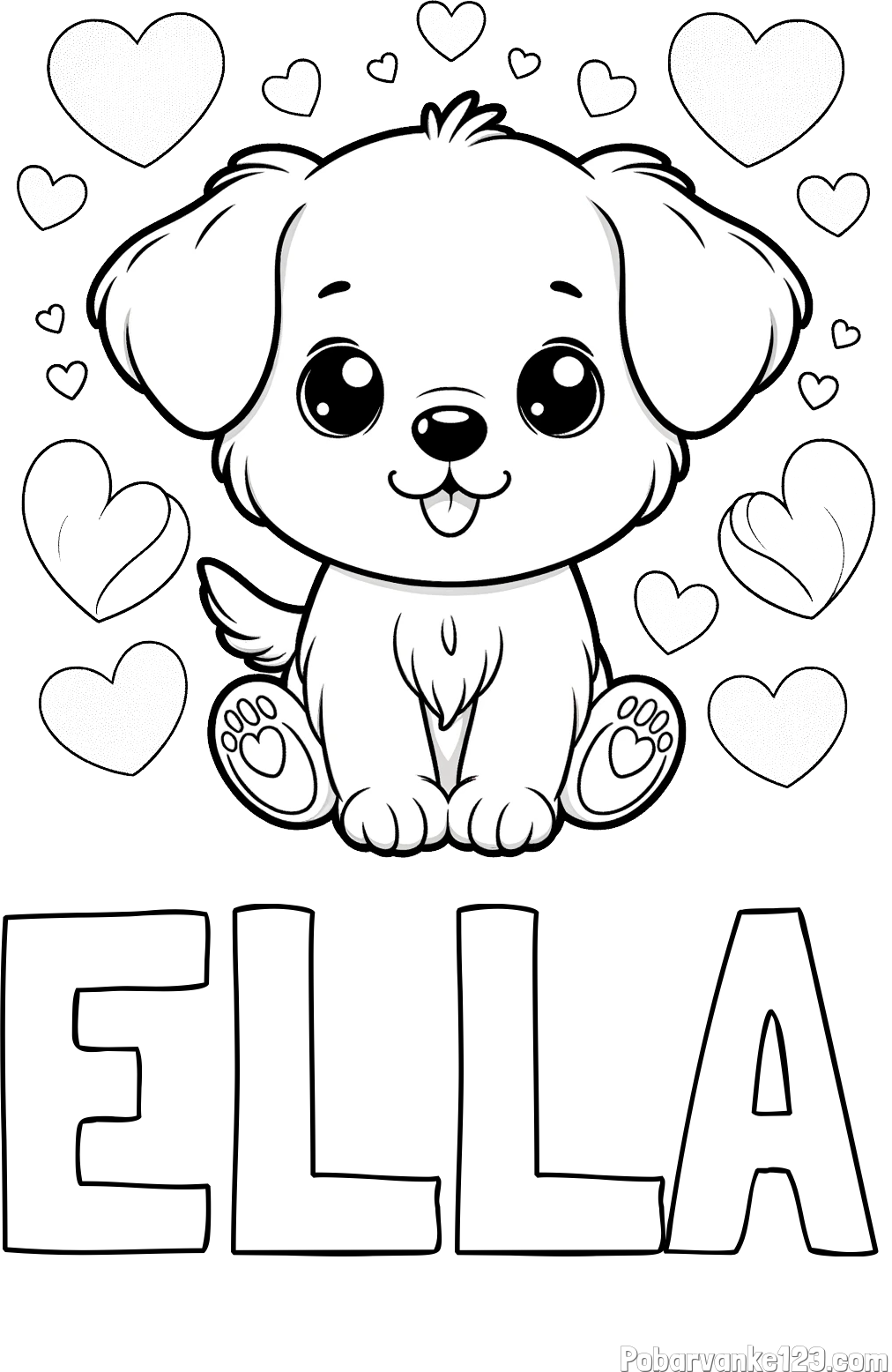 Pobarvanka imena ELLA in pobarvanka ljubkega kužka obdanega s srčki