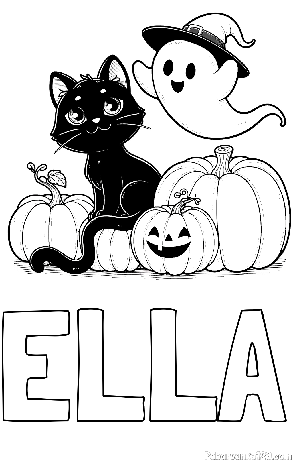 Pobarvanka imena ELLA in pobarvanka prijaznega duhca, črne mačke ter buč za noč čarovnic