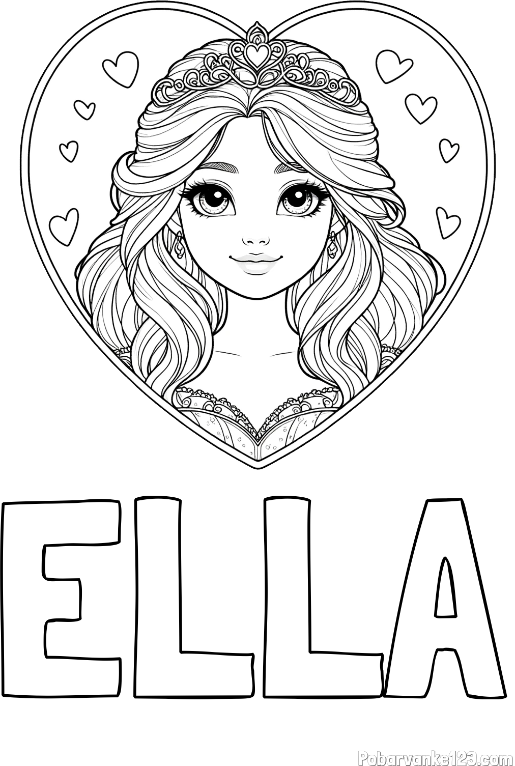 Pobarvanka imena ELLA in pobarvanka princeske ter srčkov