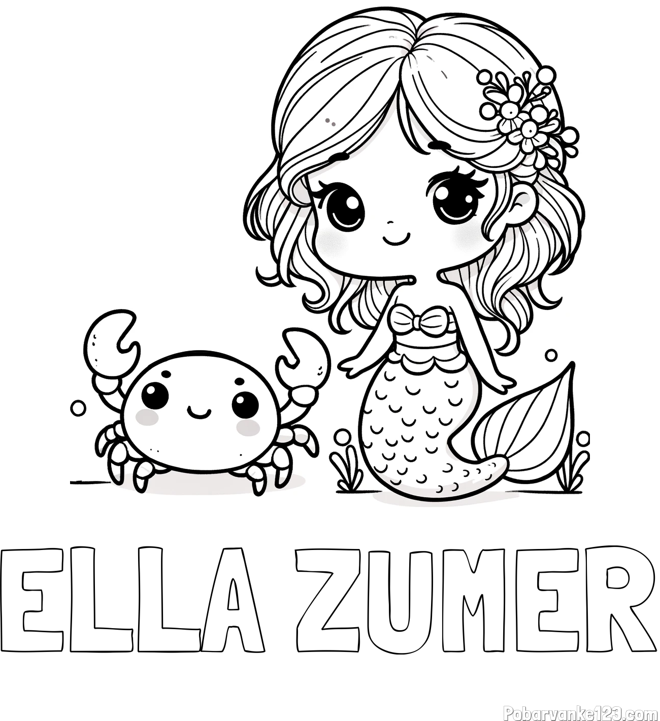 Pobarvanka imena ELLA ŽUMER in pobarvanka ljubke morske deklice in veselega raka