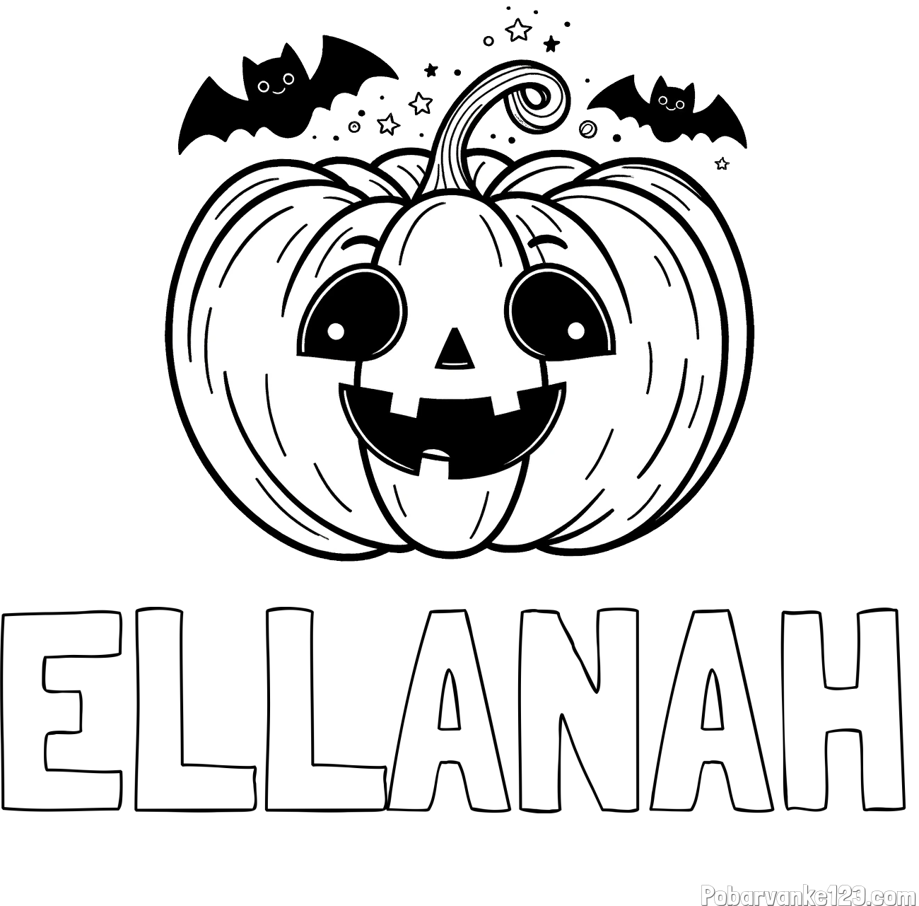 Pobarvanka imena ELLANAH in pobarvanka nasmejane buče ter dveh netopirjev za noč čarovnic