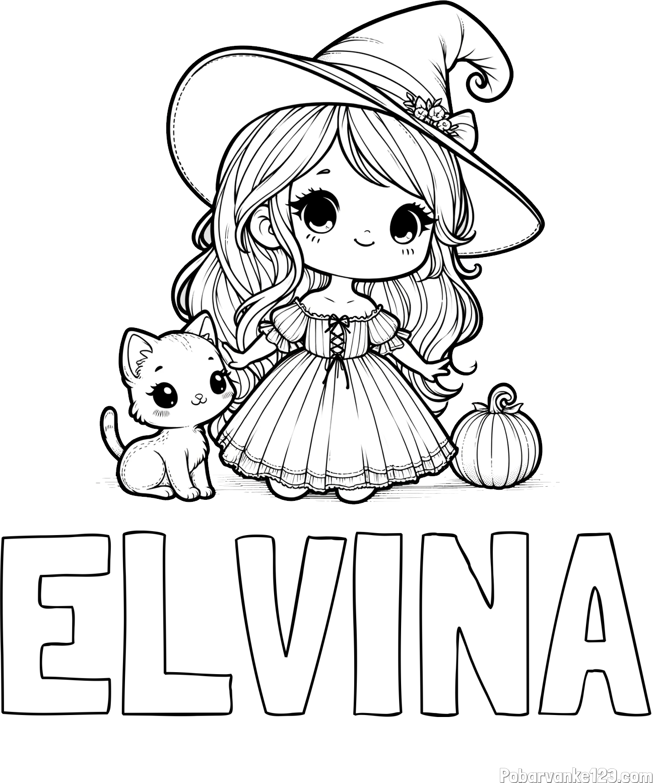 Pobarvanka imena ELVINA in pobarvanka ljubke čarovnice, muce in buče