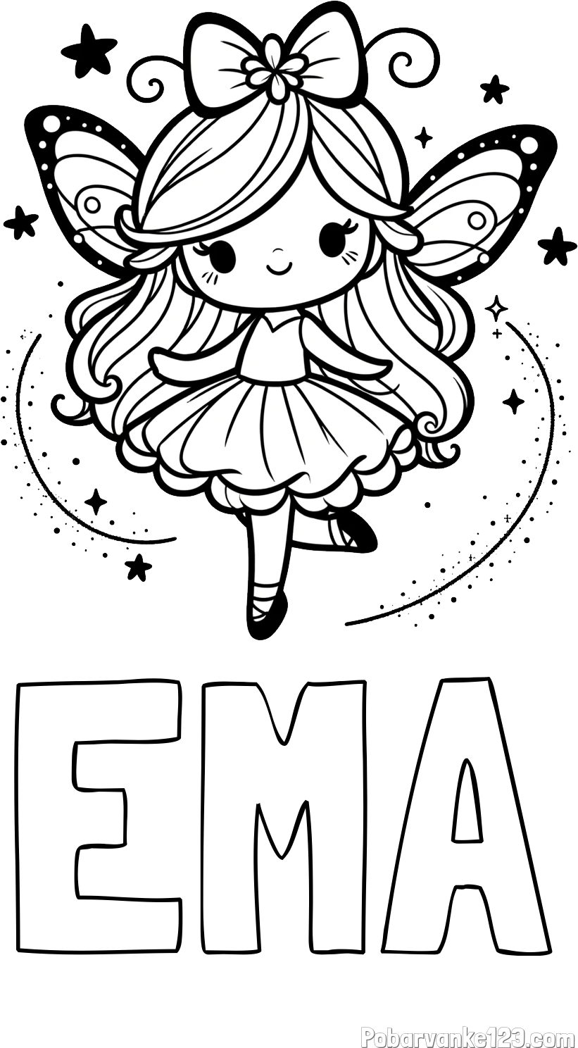Pobarvanka imena EMA in ljubka čarobna vila