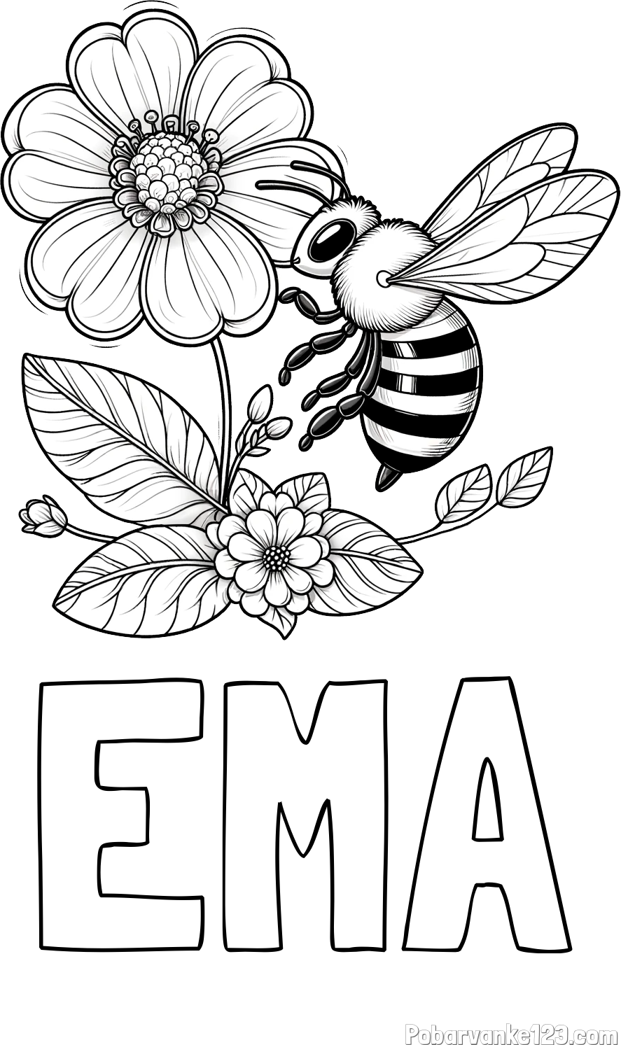 Pobarvanka imena EMA in otroška pobarvanka čebelice in rožice