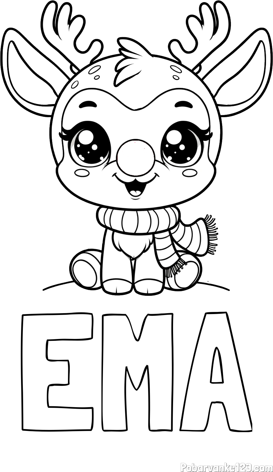 Pobarvanka imena EMA in otroška pobarvanka jelenčka Rudolfa s šalom okoli vratu