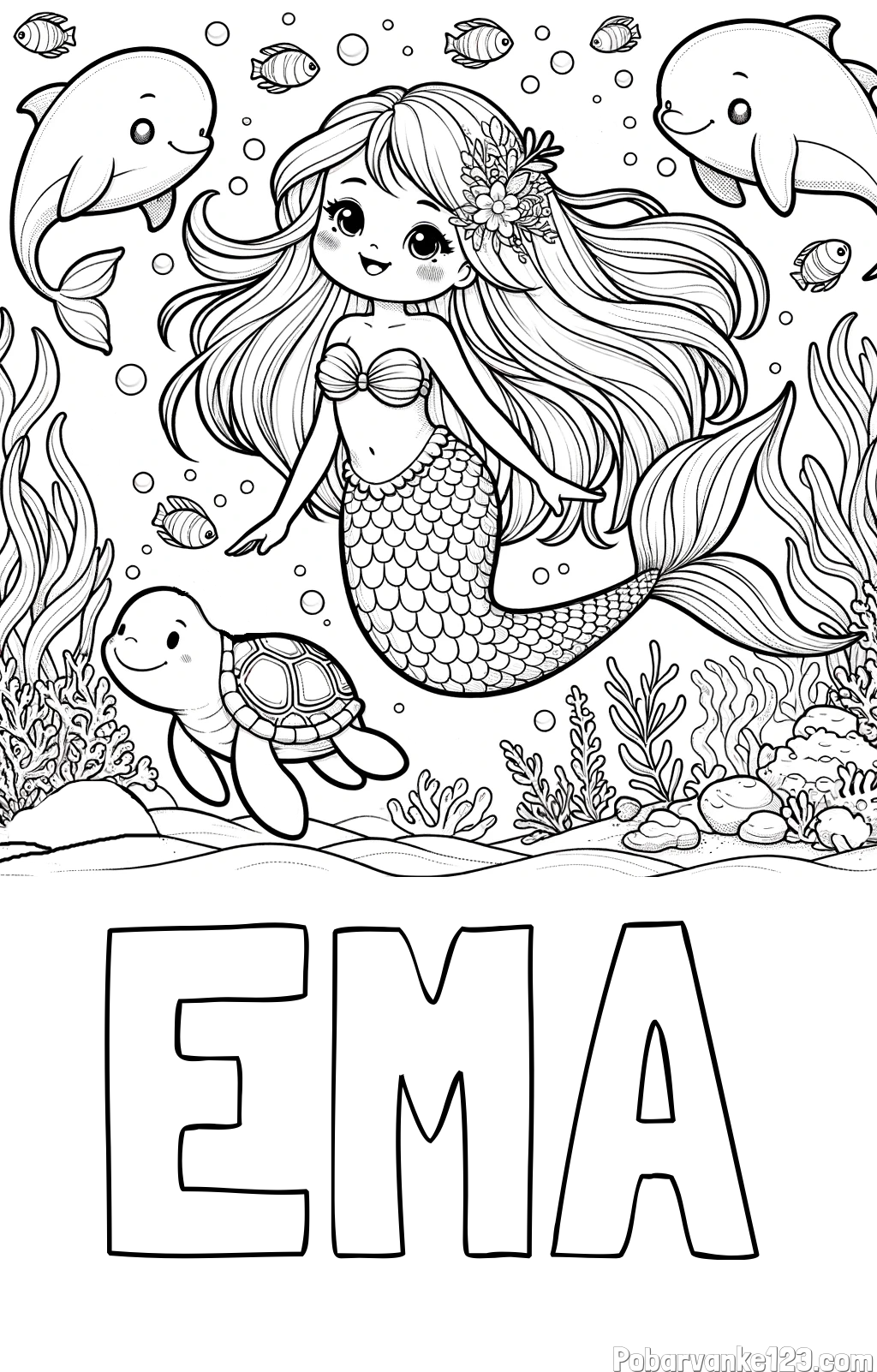 Pobarvanka imena EMA in pobarvana ljubke morske deklice s prijatelji