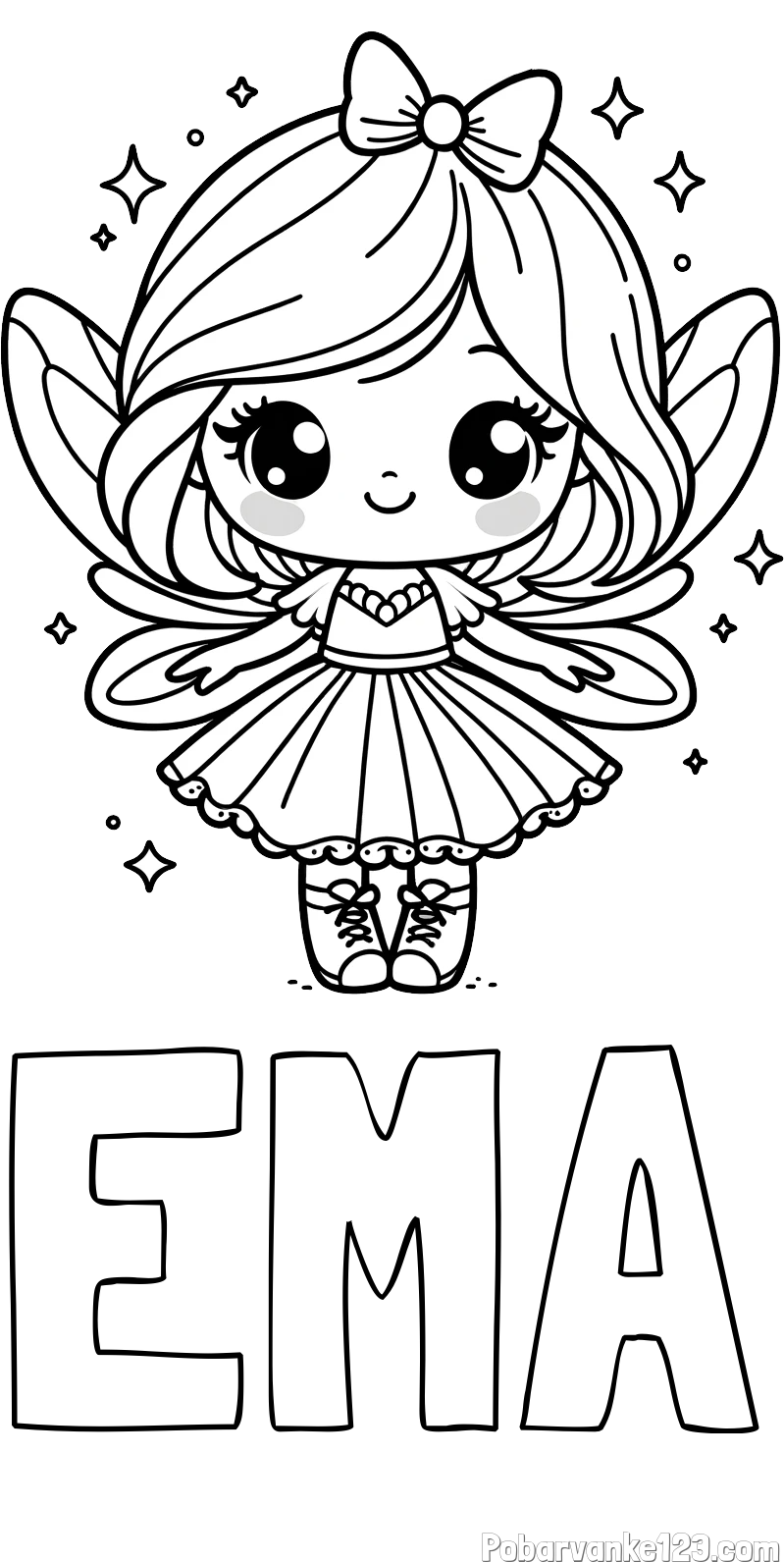 Pobarvanka imena EMA in pobarvanka čarobne vile z ljubkim obrazom
