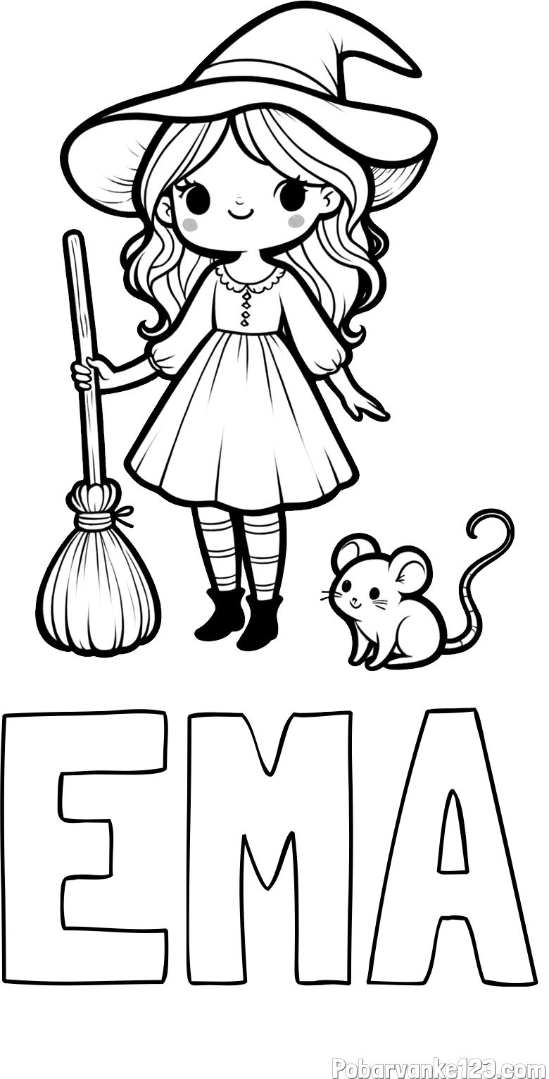 Pobarvanka imena EMA in pobarvanka čarovnice z metlo in miško