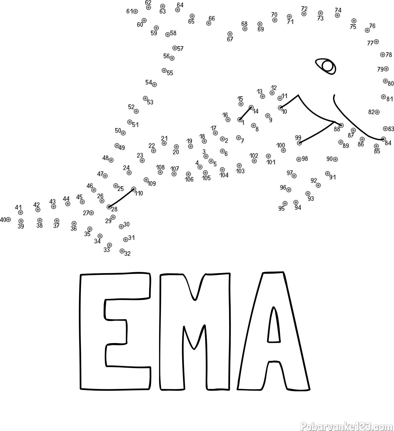 Pobarvanka imena EMA in pobarvanka delfina - poveži številke