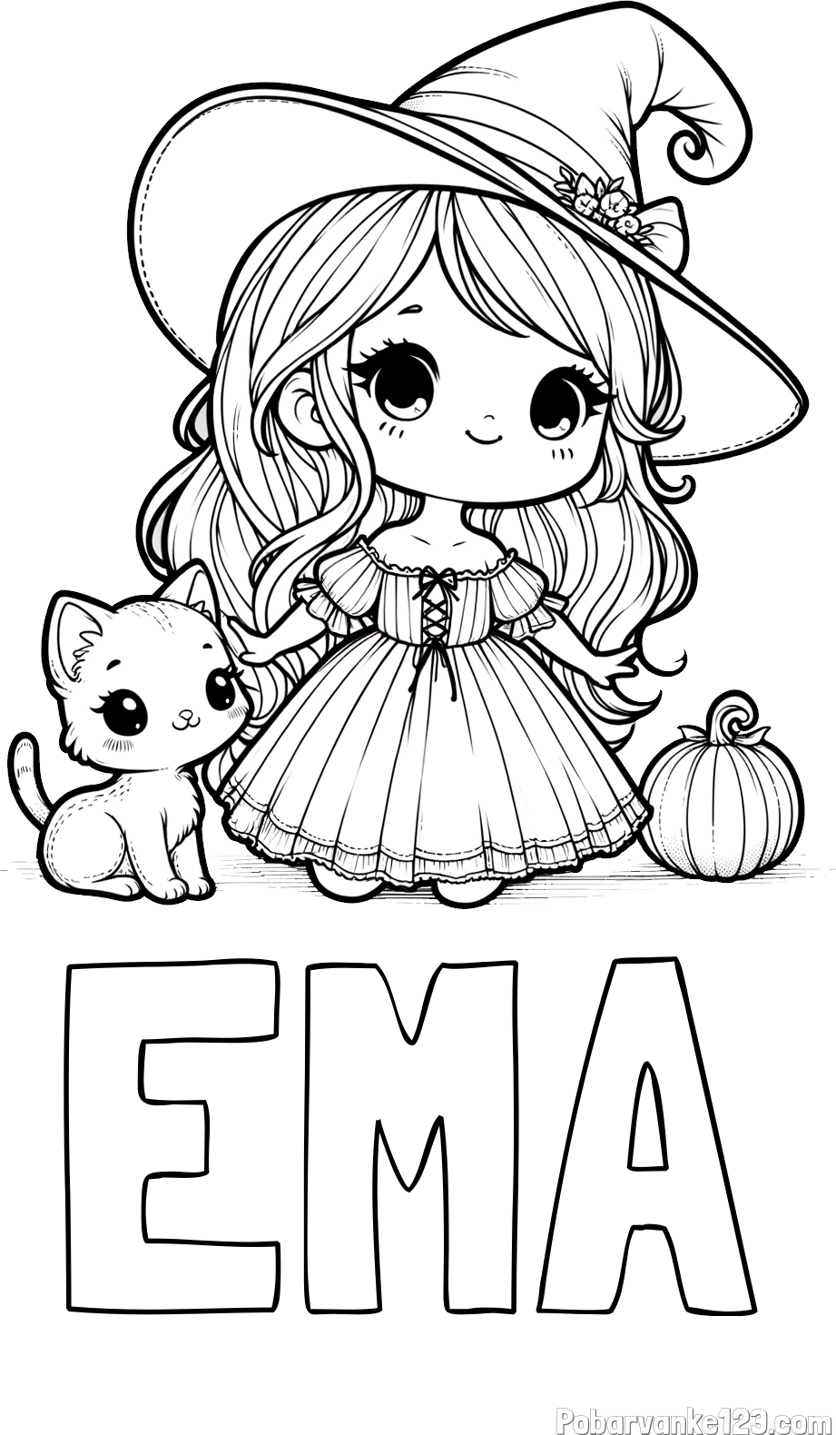 Pobarvanka imena EMA in pobarvanka ljubke čarovnice, muce in buče