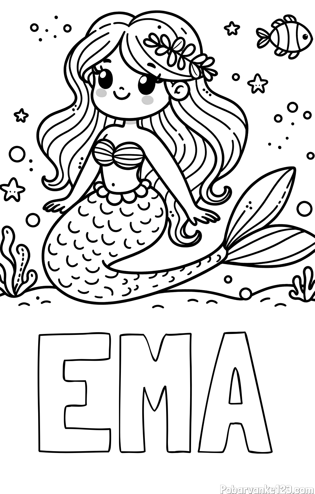 Pobarvanka imena EMA in pobarvanka ljubke morske deklice v morju