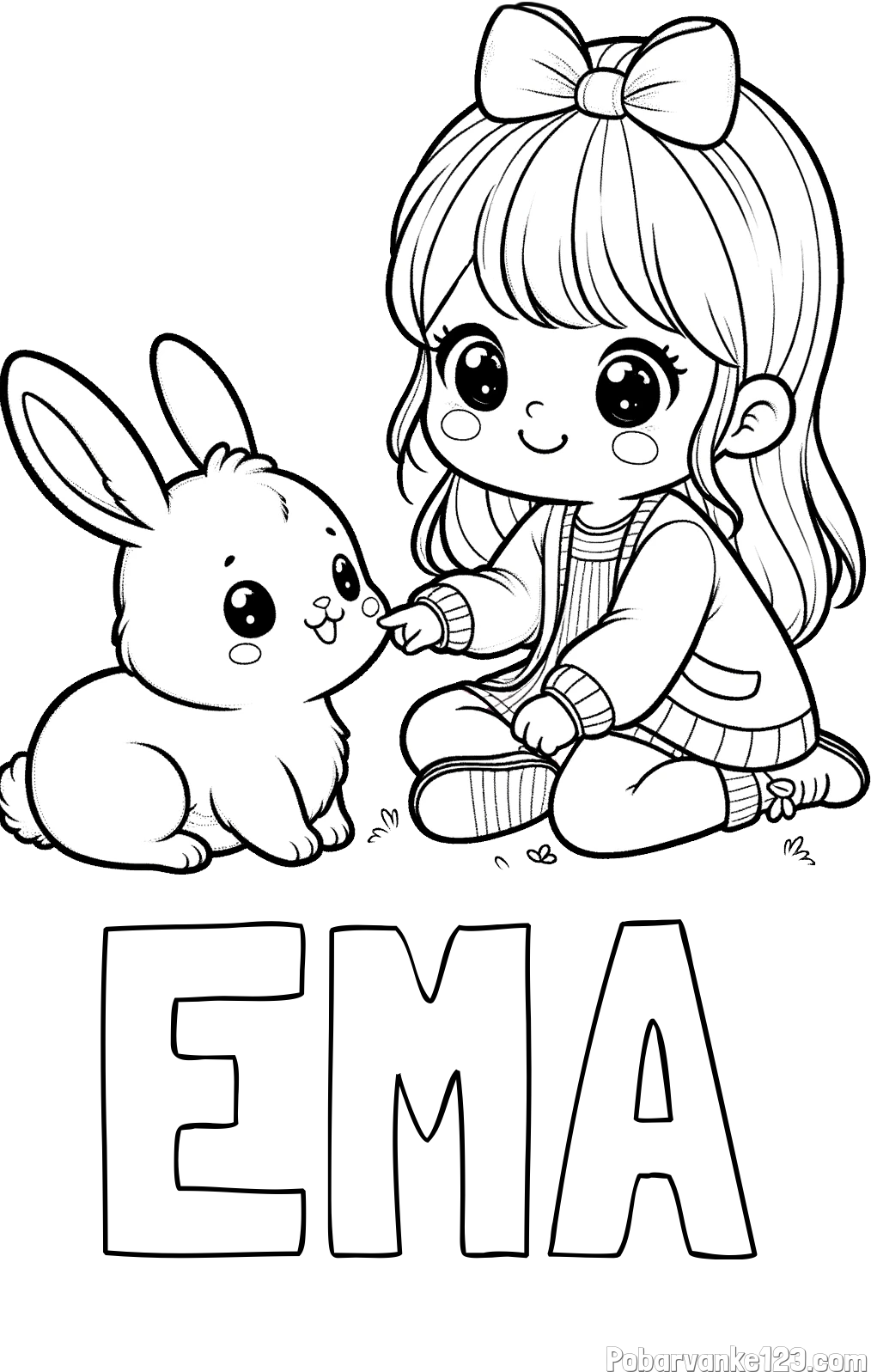 Pobarvanka imena EMA in pobarvanka ljubke punčke, ki se igra z zajčkom