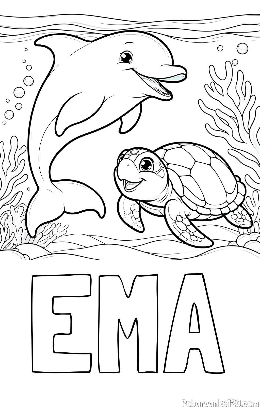 Pobarvanka imena EMA in pobarvanka ljubkega delfina z želvo v morju
