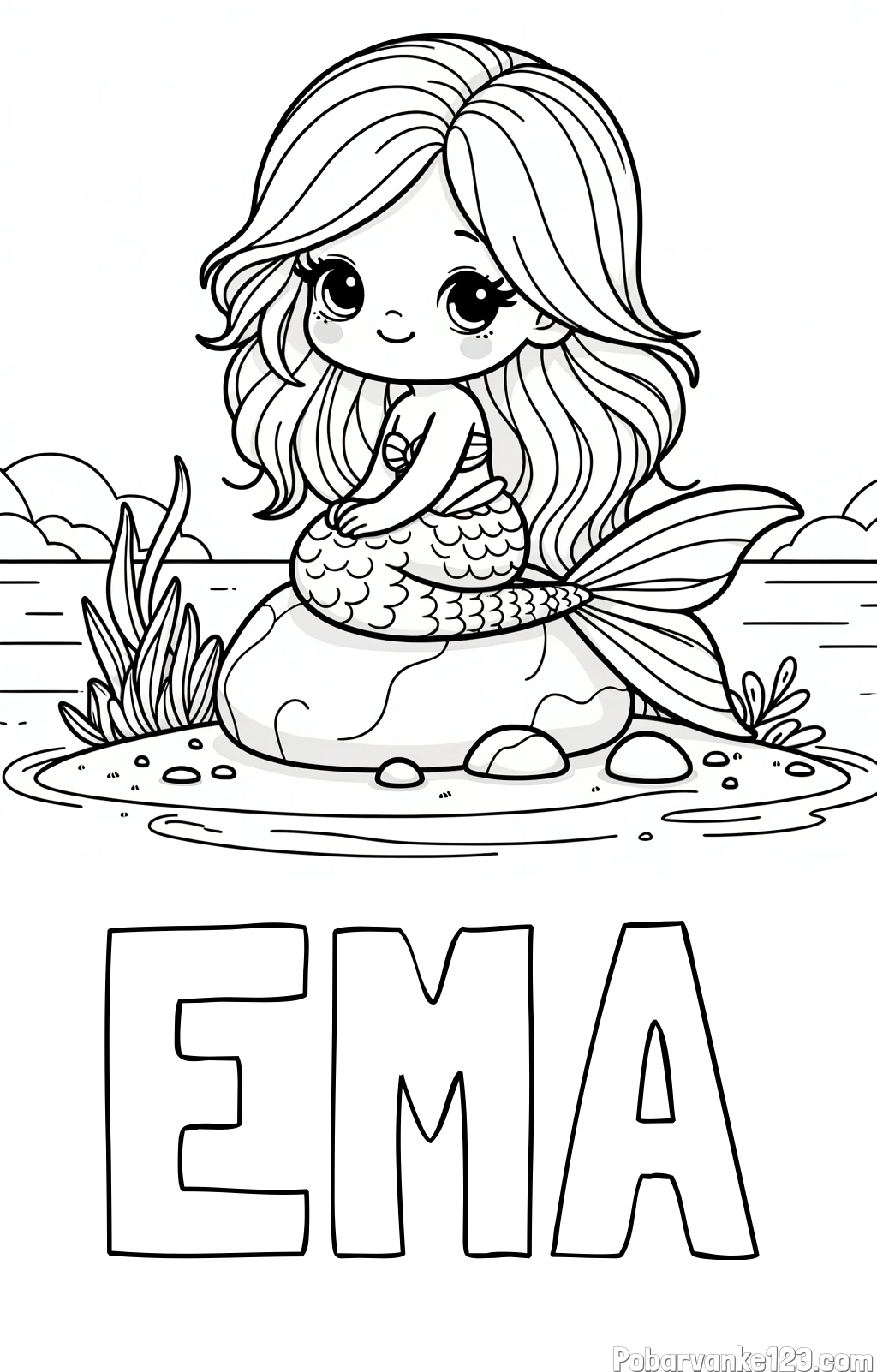 Pobarvanka imena EMA in pobarvanka prikupne morske deklice, ki sedi na kamnu ob obali