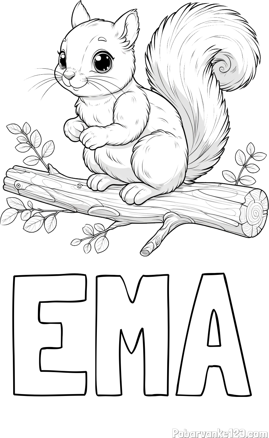 Pobarvanka imena EMA in pobarvanka veverice na veji