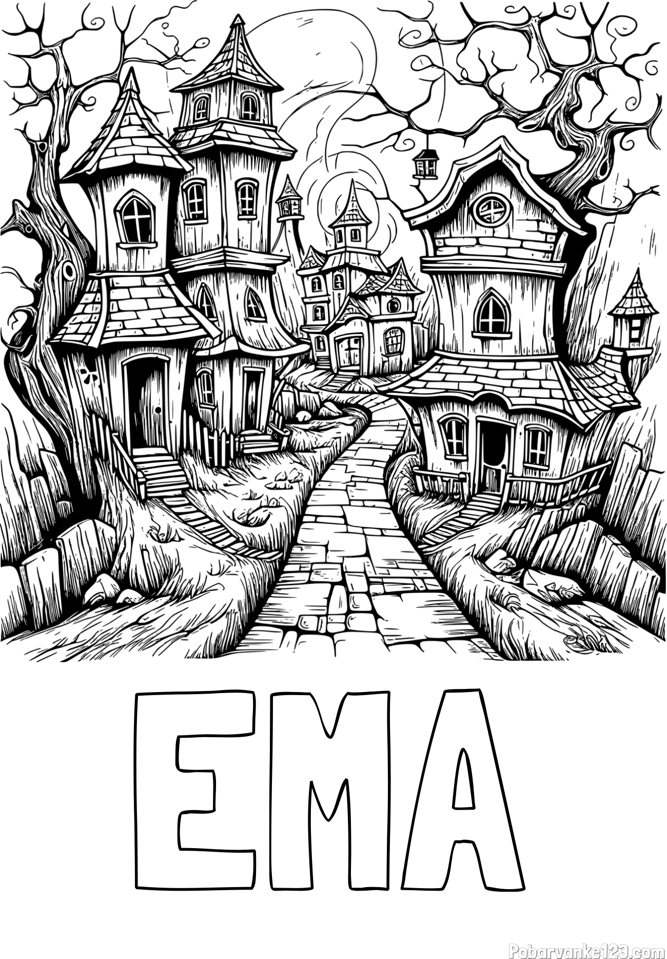 Pobarvanka imena EMA in pobarvanka začaranih hišk