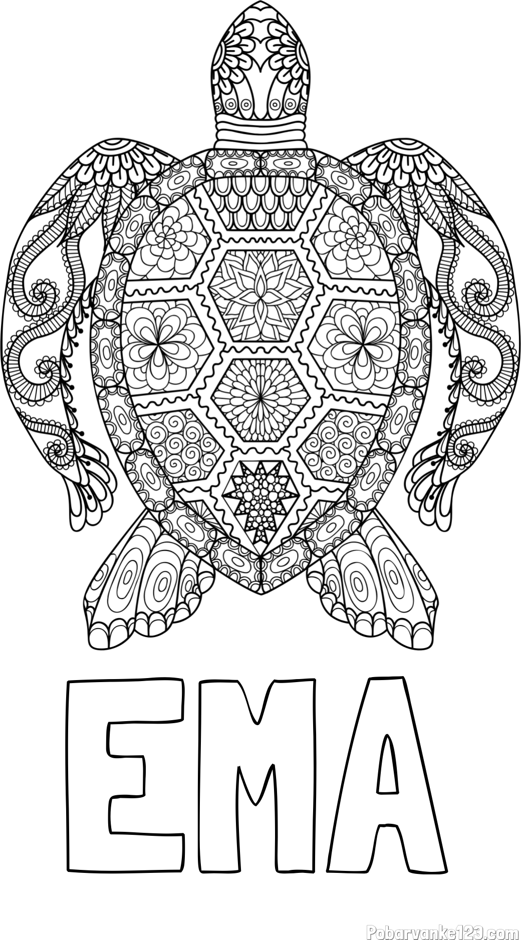 Pobarvanka imena EMA in pobarvanka želve - mandale