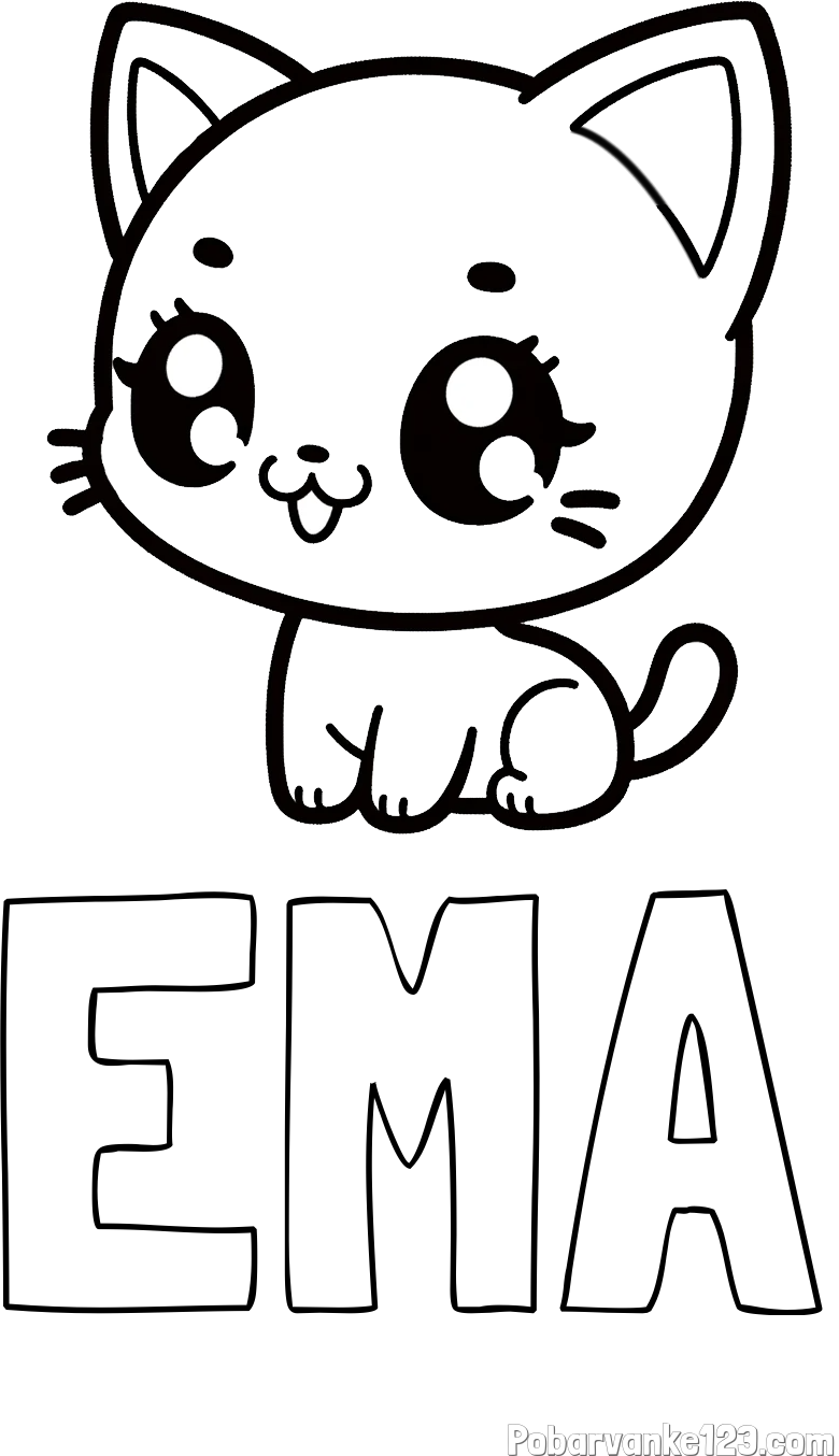 Pobarvanka imena EMA in pobarvnaka ljubke muce v anime slogu