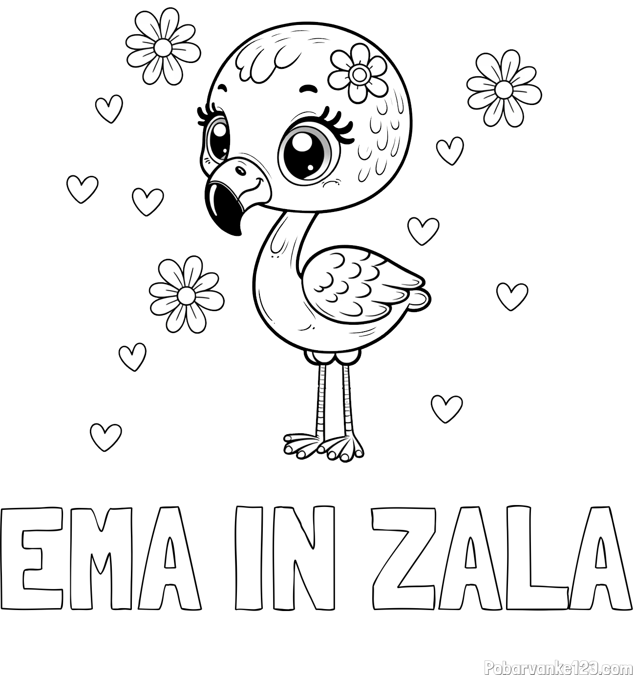 Pobarvanka imena EMA IN ZALA in pobarvanka mladička flaminga z rožicami in srčki
